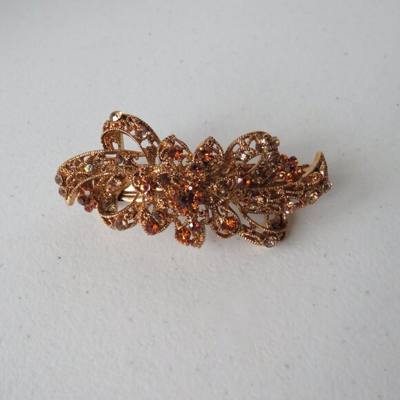 Women’s Flower Bow Gold Tone Metal Crystals Hair Barrette Hair Clip Accessory - Picture 9 of 9